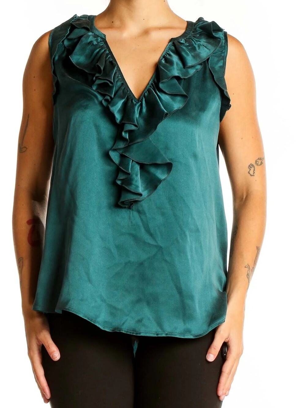 Anthropologie 100% Silk Teal Ruffle Neck Flowy Blouse Tank Top Small
